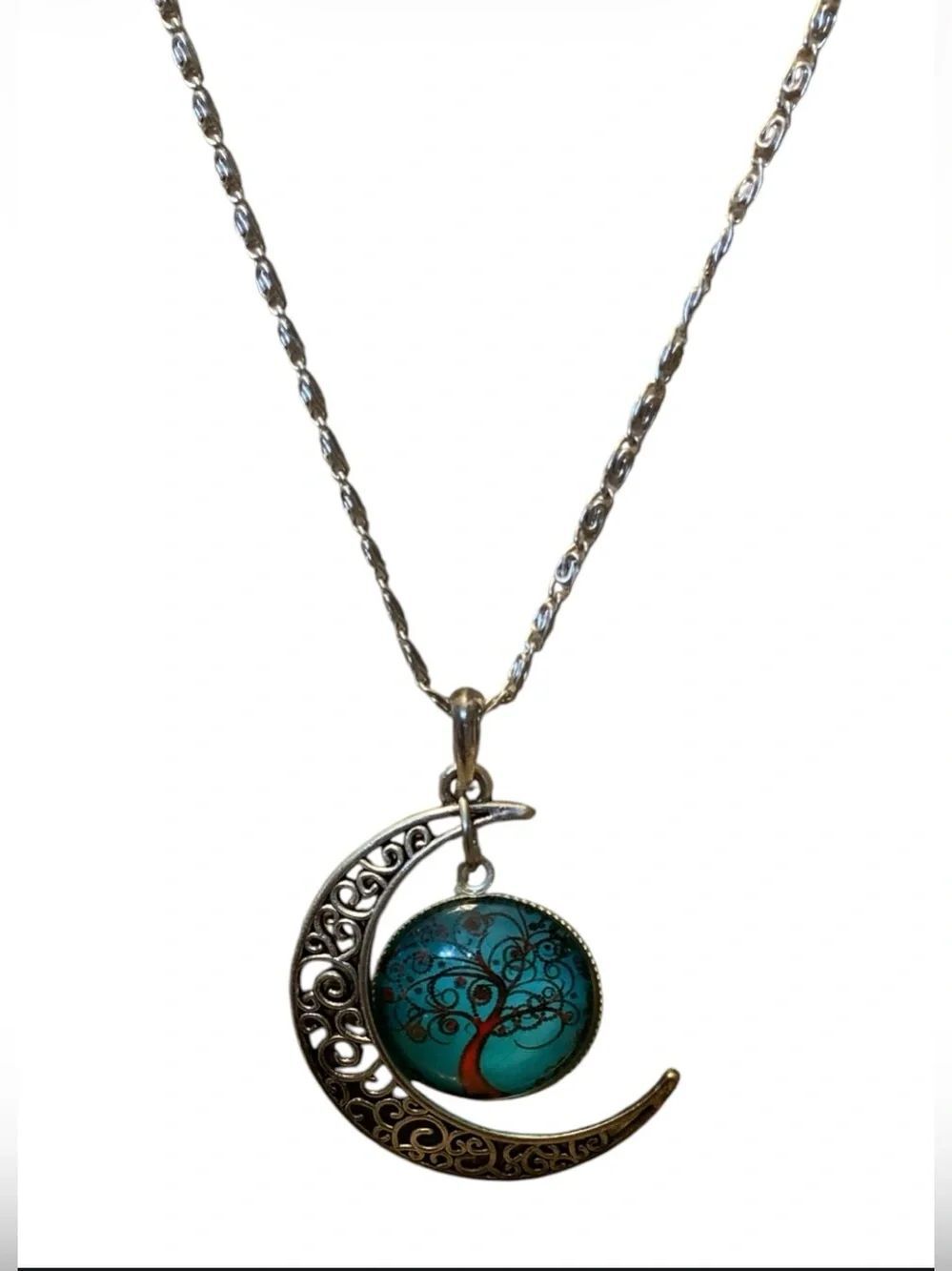 Silver Crescent Moon Necklace with Teal Tree of life Pendant
